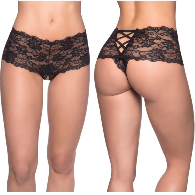 Goodnight Kiss Lace Crotchless Boyshort - Black