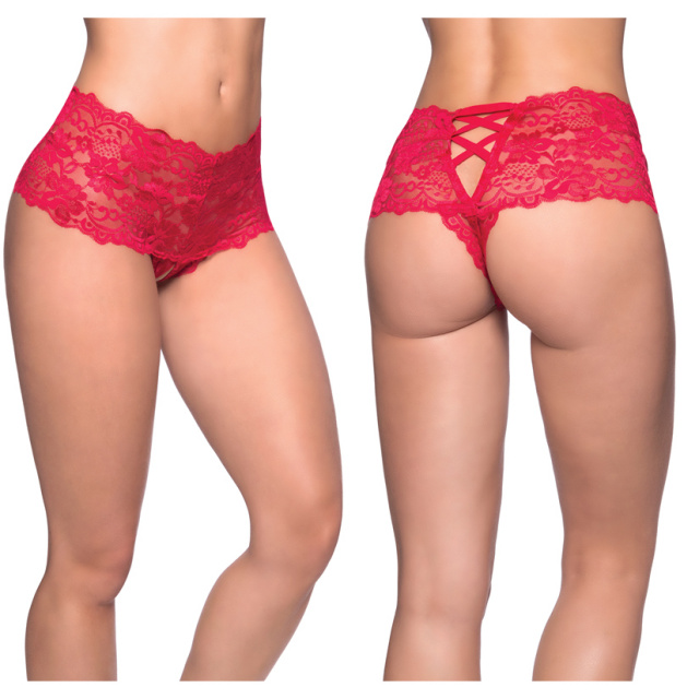 Goodnight Kiss Lace Crotchless Boyshort - Red