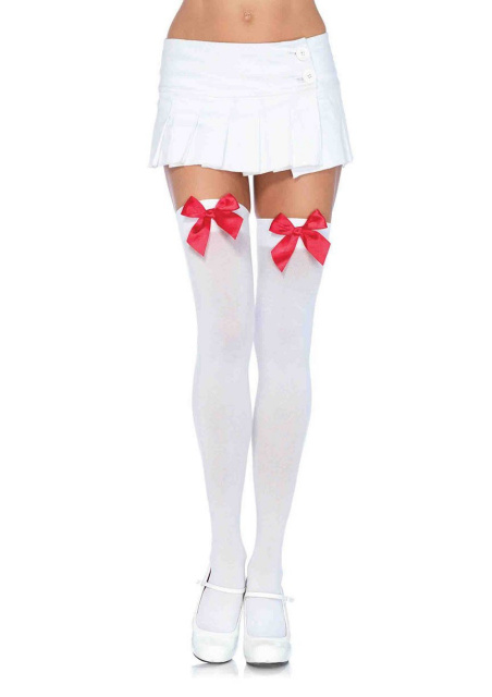 WHITE Opaque Thigh Highs with Satin Bow 
